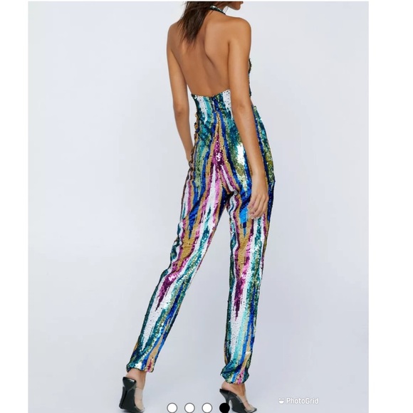 NWT Nasty Gal Stripe Sequin Halterneck Cut Out Jumpsuit - Picture 4 of 15